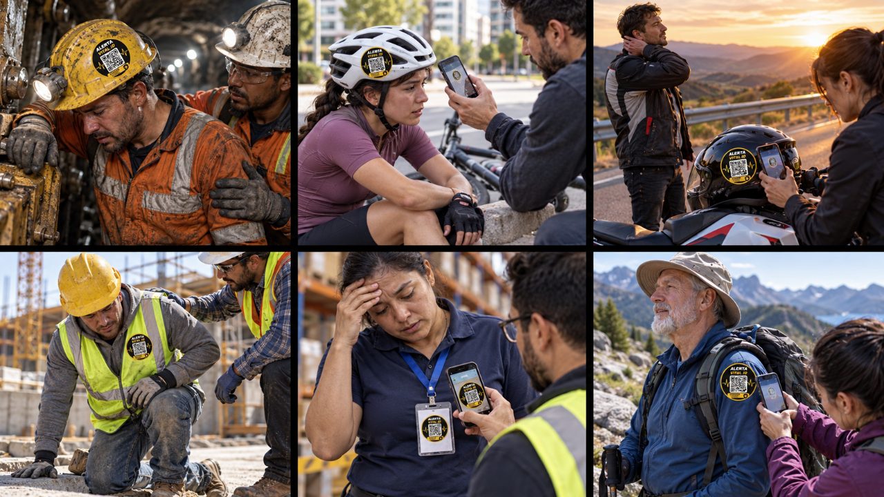 Seis situaciones en las que alguien escanea con su teléfono el sticker de AlertaVitalID de una persona que necesita ayuda: un minero con el sticker en el casco, una ciclista con el sticker en el casco, un motociclista con el sticker en el casco de la moto, un obrero de la construcción con el sticker en el chaleco, una trabajadora con el sticker en su credencial y un excursionista con el sticker en la mochila.