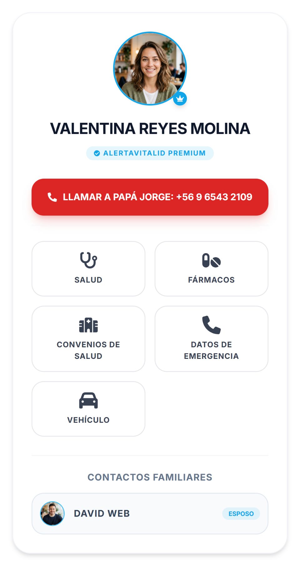 Ficha de ejemplo de Valentina Reyes Molina: botón para llamar a su papá y accesos a salud, fármacos, convenios de salud, datos de emergencia y vehículo.