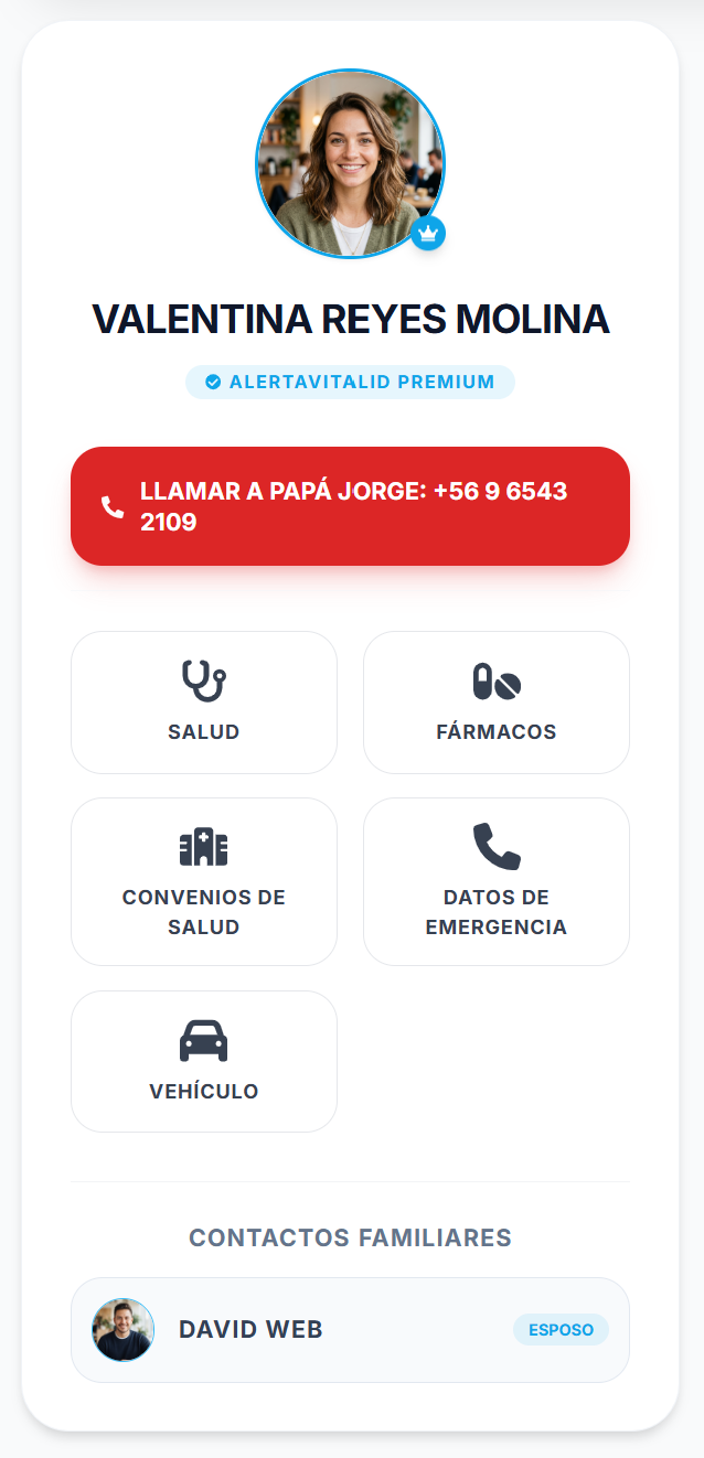 Ficha de emergencia de demostración — Valentina Reyes Molina, plan AlertaVitalID Premium